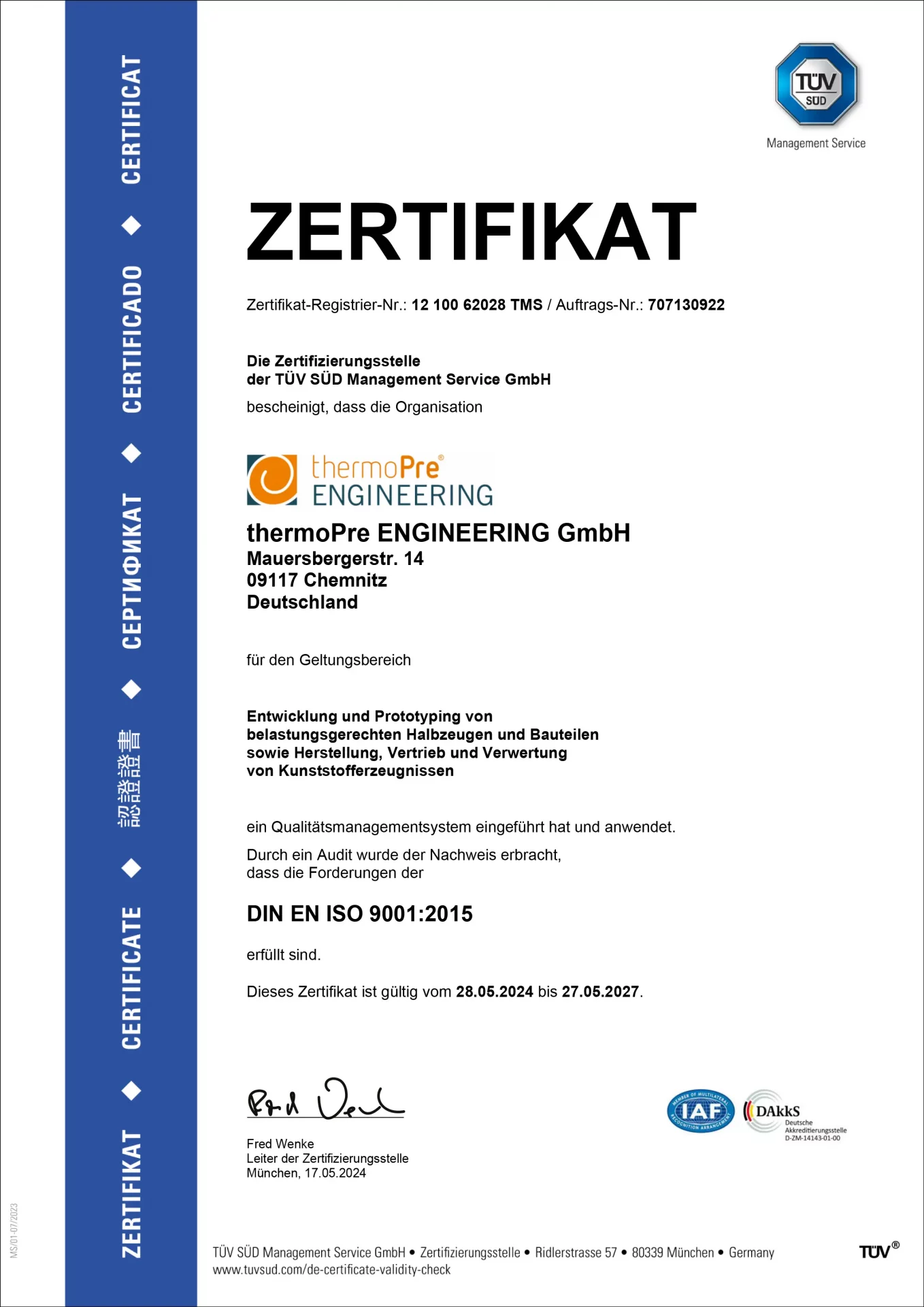 TÜV Zertifikat ISO 9001