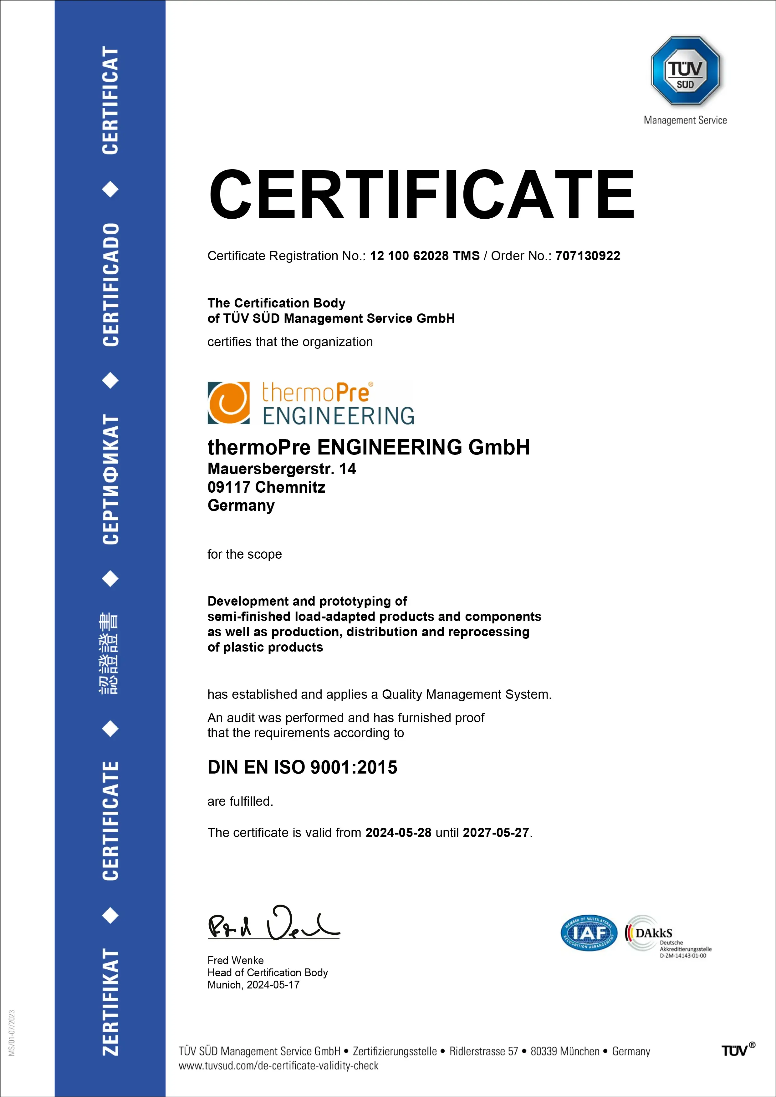 TÜV certificate ISO 9001